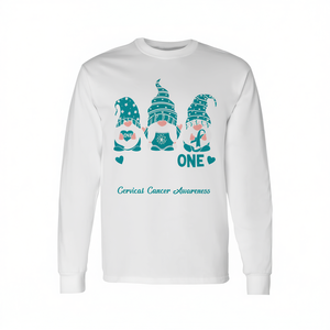 Camiseta de manga larga Gnome One Fights Alone con lazo verde azulado para concienciar sobre el cáncer de mama - Product Image 2