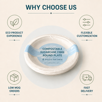 Assiette ronde compostable en fibre de canne à sucre, lot de 6 pièces, emballage de vente au détail thermoscellé POF, assiette jetable pour la vente au détail en supermarché