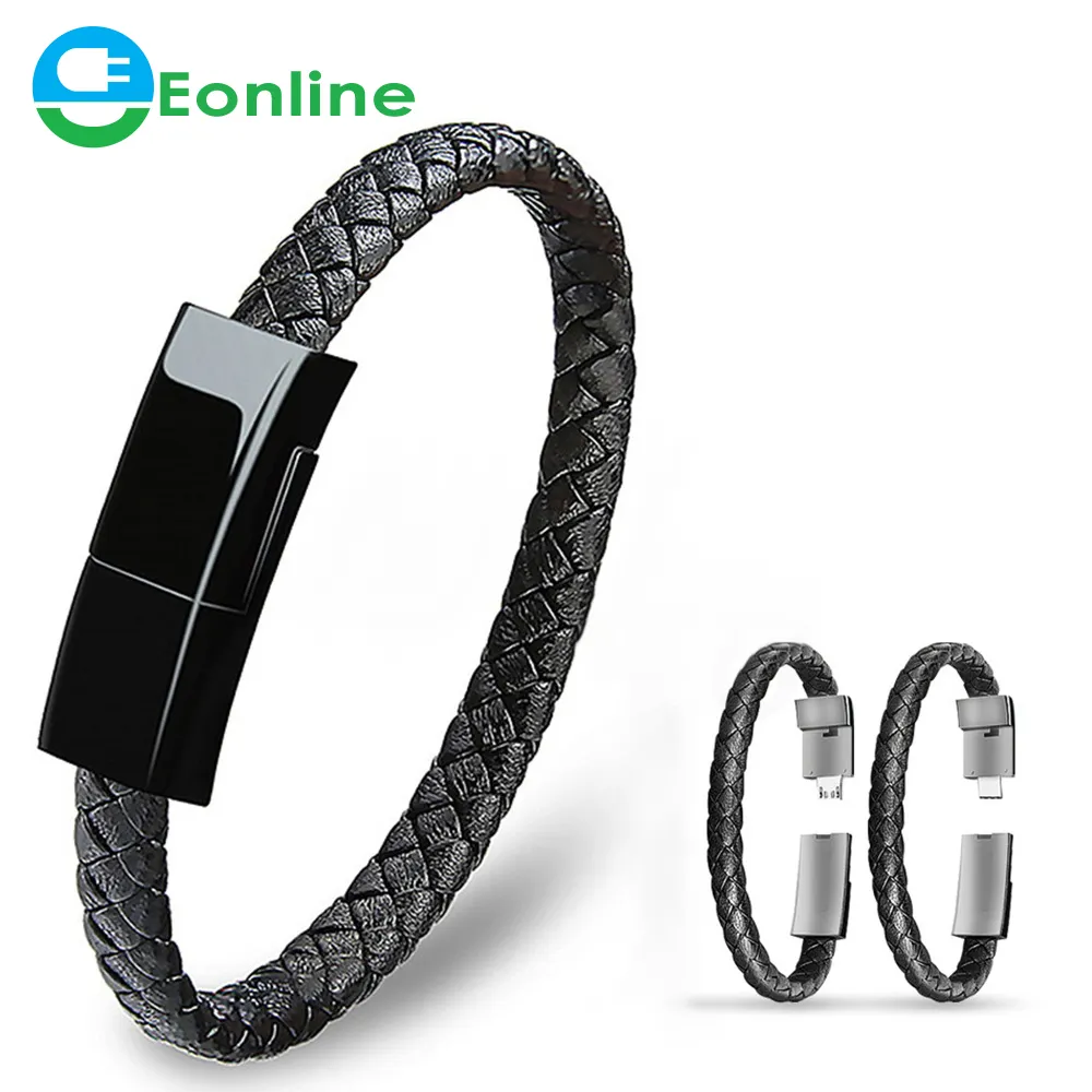 EONLINE 6A 3D Mini bracelet micro USB en cuir portable PD, chargeur super rapide, synchronisation du câble de chargement de données pour téléphone Android type-c