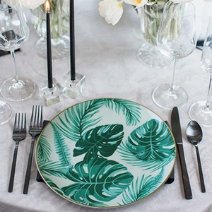 Wholesale Kitchen Utensils Bone China Palm Leaves Plate <b>Dinnerware</b> High Grade 4pcs Green Design Bone China Ceramic Plate - Product Image 2