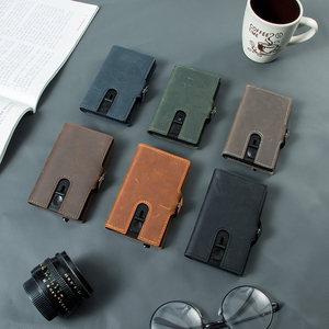 CASEKEY Europe Aluminum Small Smart <b>Rfid</b> Blocking Card Holder Crazy Horse Genuine Leather <b>Wallet</b> <b>for</b> <b>Men</b> With Zip Coin Pocket - Product Image 4