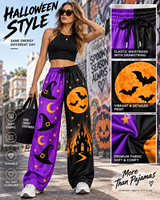 Pantalon ample pour femme à imprimé Halloween, motif château effrayant, lune et chapeau de sorcière, taille élastique, décontracté, costume de fête