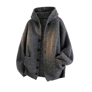 Plus Size Men's Hooded Cardigan Knit Sweater Loose Fit Autumn Winter Wear Polyester Material Breathable <b>Machine</b> Washable - Product Image 3