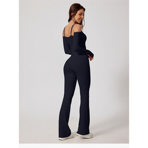 Tuta da <span class=keywords><strong>donna</strong></span> nuova senza schienale con spalle scoperte Sexy costume intero a maniche lunghe pantaloni svasati tuta Yoga - Product Image 4