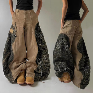 YSJY OEM Manufacturer Custom Vintage Jogger Loose Leopard Embroidered Print Wash Wide Leg Bootcut Cargo Flared Denim Jeans Pant - Product Image 1