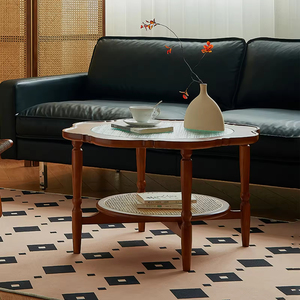 Tavolino da Caffè <span class=keywords><strong>in</strong></span> <span class=keywords><strong>Legno</strong></span> <span class=keywords><strong>Massello</strong></span> Naturale e Rattan, Stile Retrò a Forma di Fiore, Eco-Friendly, Design Vintage, Colore Noce per Soggiorno - Product Image 2