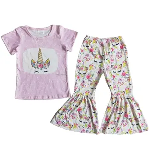 Wholesale supplier RTS boutique unicorn cute children's clothing kids pink clothes sets baby girls floral outfits