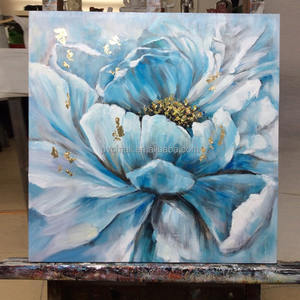 Pintura al Óleo Moderna Pintada a Mano, Estilo Lujoso, Azul y Dorado, con Imagen de Peonía, Arte Abstracto, Pintura Personalizada sobre Lienzo para Decoración de Pared - Product Image 2