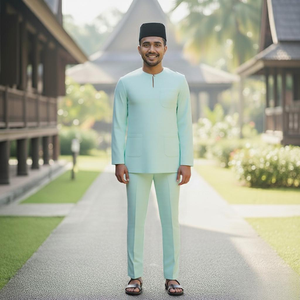 TELUK BELANG Malasia SIPO atuendo islámico: Kurta negro con <span class=keywords><strong>cuello</strong></span> en V <span class=keywords><strong>y</strong></span> sombrero negro, camino <span class=keywords><strong>de</strong></span> madera - Product Image 2