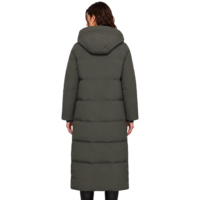 Manteau long matelassé pour femme avec logo personnalisé, couleur olive foncé, col asymétrique à revers, boutons-pression, coupe-vent, doudoune d'hiver pour femme