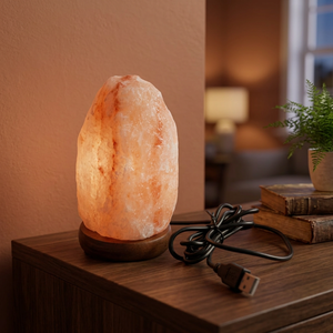 Lampe de Sel de Pierre Naturelle de l'Himalaya Sculptée à la Main, Mini USB avec Base en Bois, Écologique, Qualité Supérieure, Export, Veilleuse Feng Shui - Product Image 1
