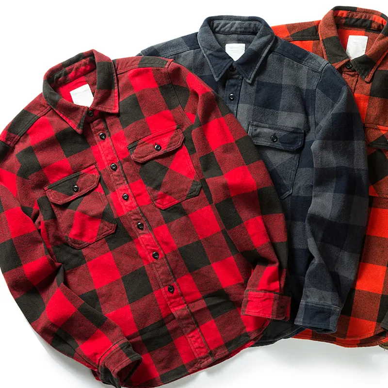 Camisa de franela de cuadros de búfalo para hombre, camisa de algodón 100% de manga larga Extra pesado negro y rojo Vintage para primavera, otoño e invierno