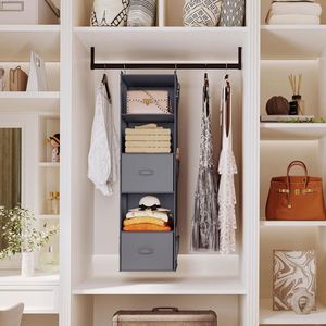 Foldable 5 Tier Hanging Closet <b>Shelf</b> Non-Woven Fabric Closet Organizer with Drawer &2 Strong <b>Hooks</b> Space Saving Wardrobe Storage - Product Image 3