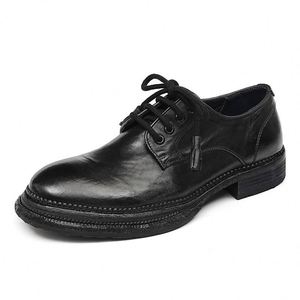 Chaussures en cuir de style anglais rondes marron pour hommes, à lacets, en cuir véritable de haute qualité, chaussures décontractées pour hommes - Product Image 3
