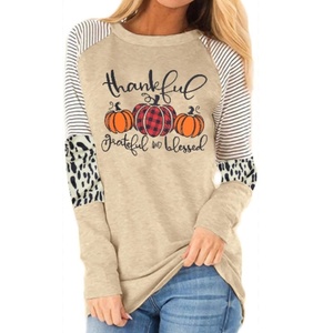 Camiseta de manga larga estampada para mujer Calabaza de otoño y leopardo a rayas en algodón y poliéster Estilo superior 3D - Product Image 1