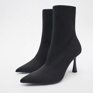 Bottines noires pour femme, 9 cm, tendance, en tricot élastique, courtes, pour l'hiver - Product Image 1