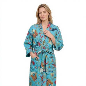 ART&ART Kimono indien fait main, style bohème, léger, respirant, séchage rapide, col en V, imprimé floral, en coton, coupe longue - Product Image 1