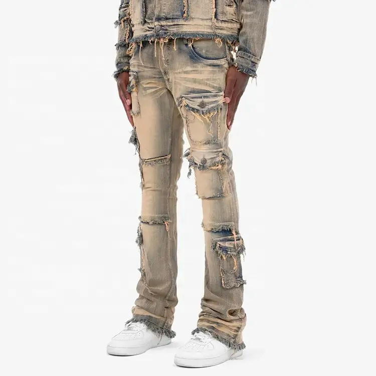 Edge Denim Custom Vintage Distressed Cargo Jeans Streetwear Acid Wash Raw Hem Super Skinny Flare Stacked Jeans Men