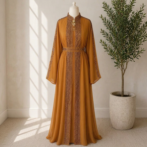 Abaya Negra Bordada de Poliéster Transpirable, Corte Regular, Manga Larga, Largo hasta el Suelo, Cuello en V, Elegante, Estilo Indio/Pakistaní, para Uso Diario - Product Image 1
