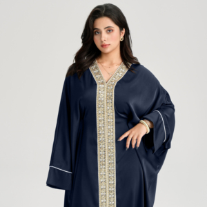LM122 Robe longue abaya de luxe en dentelle brodée dorée | <span class=keywords><strong>Style</strong></span> arabe <span class=keywords><strong>Khaleeji</strong></span> avec ceinture intérieure - Product Image 2