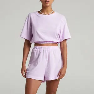 2022 Women Summer 100%cotton Terry Sets Women Short Sleeve Top with above kneed short pants sets women beach terry towel set