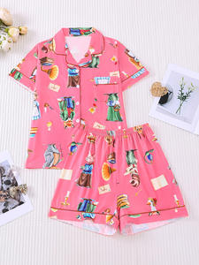Conjunto de Pijama de Manga Corta con Estampado de Gato y Zorro Rosa de Dibujos Animados, Suave y Transpirable, de 2 Piezas, Ropa de Dormir con Estampado de Animales <span class=keywords><strong>para</strong></span> Mujer - Product Image 6