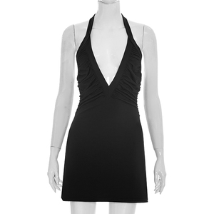Viviblook C26DS102 Vestidos de Verano para Mujer, Nuevo Vestido Sexy sin Mangas, Estilo Halter con Cuello en V, Plisado, Mini, Informal, para Fiesta - Product Image 1