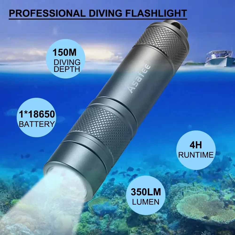 Asafee Small Diving Flashlight XPG LED Underwater Dive Torch Waterproof 18650 Rechargeable Aluminum Backup Diver Light