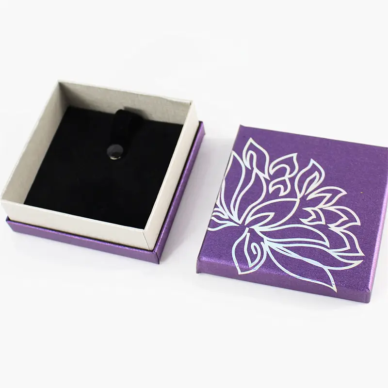 מוכן למשלוח קופסת קרטון נייר סגולה לשרשראות טבעת נייר כסף חבילת תכשיטי פרח לוטוס קופסת נייר
