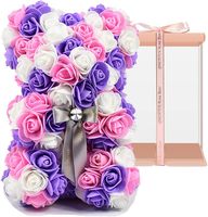 Bunga Buatan Kustom Berbentuk Beruang Mawar Warna Polos untuk Ulang Tahun dan Hari Ibu Pernikahan dengan Kotak Hadiah Pink 10 inci.