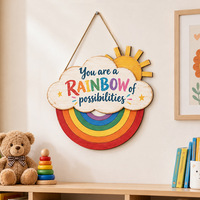 Décoration murale en bois circulaire arc-en-ciel de style bohème, suspension murale inspirante en bois avec inscription anglaise, produits suspendus en bois rétro