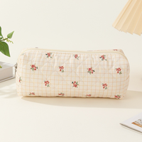 Tempat Pensil Resleting Berbahan Kain Quilted Sederhana untuk Siswa, Tempat Kuas Makeup, Tempat Penyimpanan Kosmetik, Tempat Penyimpanan Perjalanan Kecil Bermotif Bunga, Portabel, Lucu, dan Trendi