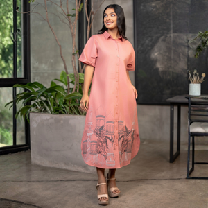 Vestido Midi Bordado de Lino Rosa Artesanal de Calidad Excepcional, Elegante y Casual para Mujer - Product Image 1