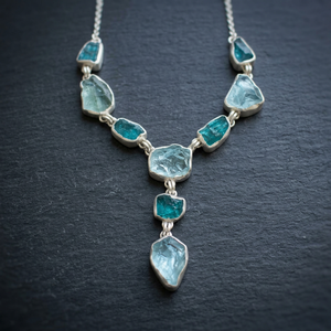 Lovely Aquamarine & Apatite Rough 925 Sterling <b>Silver</b> Link Chain <b>Necklace</b>-Wedding Engagement Gift Statement Jewelry - Product Image 2