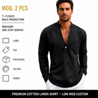 Kemeja Henley Pria Lengan Panjang Katun Kerah Tegak V-Neck untuk Pantai dan Bisnis dengan Saku Dada, Potongan Santai, Ringan, dan Bernapas