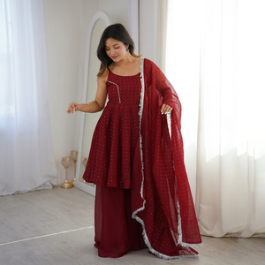 Ensemble Sharara en soie croquante marron pour femme avec dupatta, motif gaufré, séchage rapide, idéal pour les fêtes, mariages et Diwali - Product Image 1