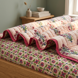 Peach Print <b>Hand</b> Block Print Organic 100% Cotton Handmade Eco-Friendly Luxury Oversized Quilted Blanket for Couch and Bed - Product Image 2