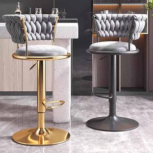 Modern Nordic Counter Height Adjustable High Velvet Hand Braided Back Swivel <strong>Tall</strong> Bar Chair Stool Luxury <strong>Barstools</strong> For Kitchen - Product Image 3