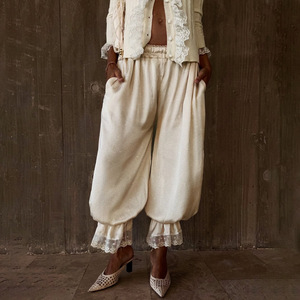 Pantalones Harem de Satén de Cintura Alta, Holgados y Cortos, con Volantes de Encaje y Parches, Transpirables, Pantalones de Suéter para Mujer - Product Image 1