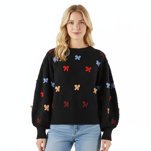 Lady autunno inverno ricamo farfalla maglione lavorato a maglia contratto languido vento pigro allentato manica a bolle maglioni Pullover in maglia - Product Image 1