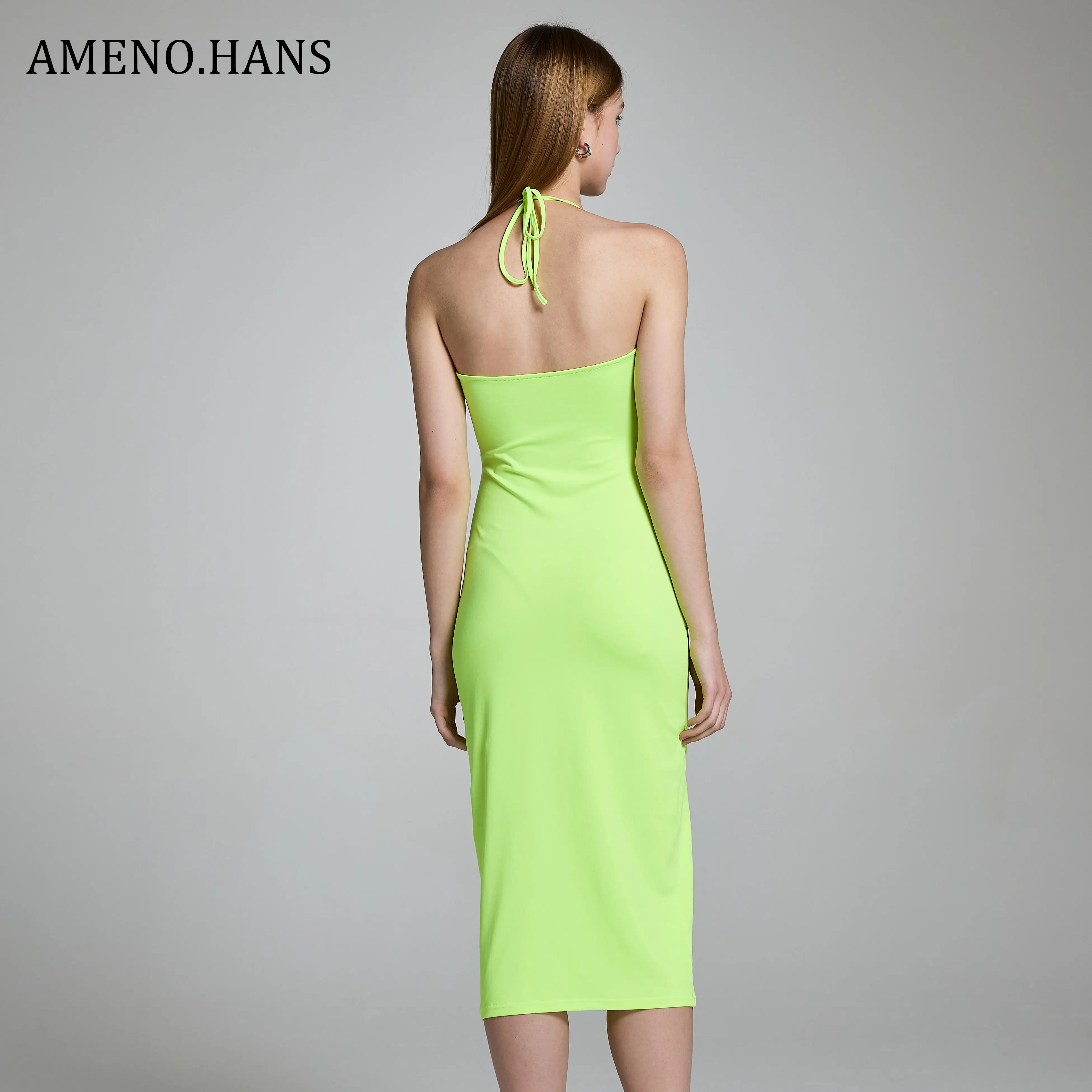 Hot Selling Wholesale Midi Knitted Halter Women Hign Waist Backless Fluorescent Green Sexy Straight Dresses