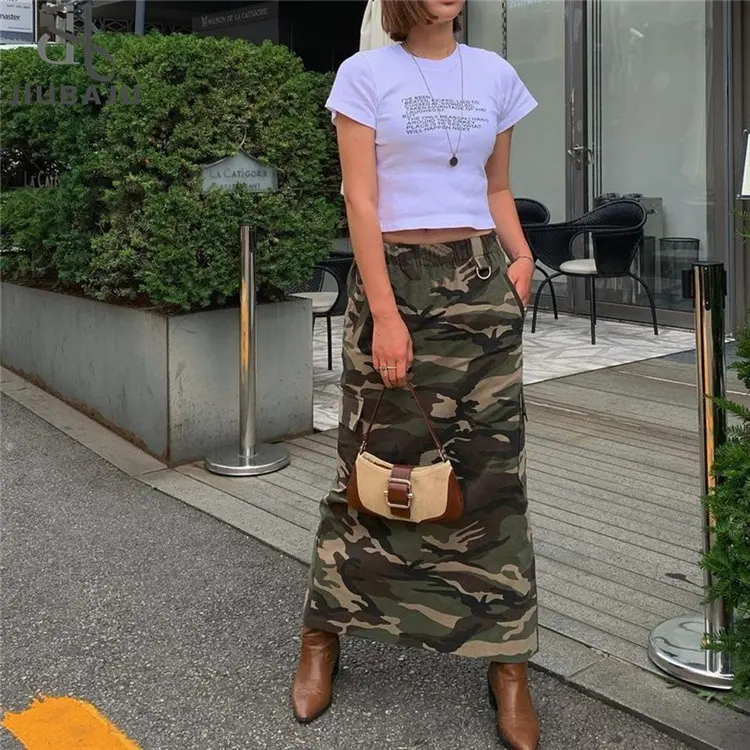 Fashion Women Camouflage Pocket Side Slim Bodycon Cargo Skirt for 2023 Female New Maxi Long Street Skirts