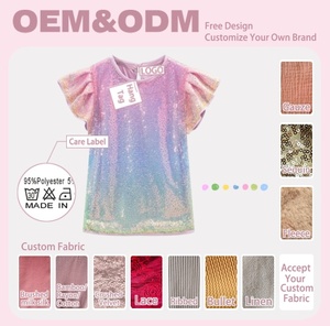 OEM ODM Blouse scintillante pour filles, violet lavande, à sequins, à manches courtes volantées, col rond, avec découpe dorsale, pour fête d'enfants - Product Image 2