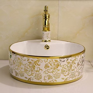 Fregaderos de encimera de alta calidad al por mayor lavabo blanco dorado de lujo lavabo de baño de cerámica dorada - Product Image 2