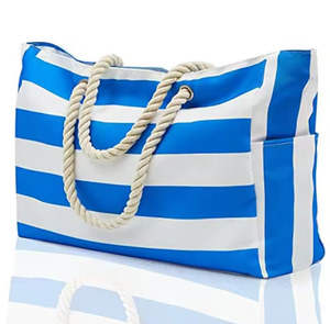 Bolsa de compras de lona ecológica con logotipo personalizado, bolsa de playa a rayas con asa de cuerda de gran capacidad. - Product Image 3