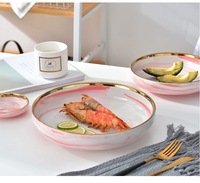 Assiette à dîner en céramique marbre nordique avec bord doré, ensemble de bols roses, vaisselle de luxe à rebord doré pour la maison, compatible micro-ondes