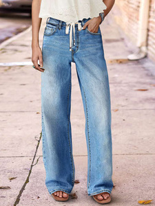 Jeans a <span class=keywords><strong>Vita</strong></span> Alta e Gamba Larga per Donna - Lavaggio Chiaro <span class=keywords><strong>con</strong></span> Coulisse Elastica <span class=keywords><strong>in</strong></span> <span class=keywords><strong>Vita</strong></span> <span class=keywords><strong>Pantaloni</strong></span> <span class=keywords><strong>in</strong></span> Denim Elasticizzato Vintage Casual Vestibilità Comoda - Product Image 1