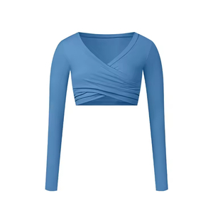 Top Corto de Yoga y Pilates con Logotipo Personalizado, Cuello en V, Elástico, Ajustado, Manga Larga, para <span class=keywords><strong>Mujer</strong></span>, Venta al Por Mayor, Lujoso y Moderno - Product Image 4