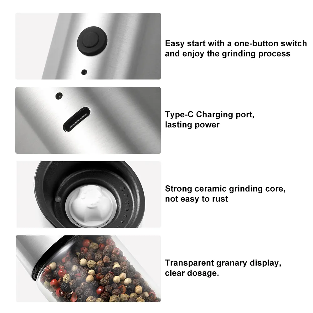 Set penggiling garam dan merica, bumbu listrik tipe-c dapat diisi ulang gravitasi duri keramik baja tahan karat 304 dengan lampu LED
