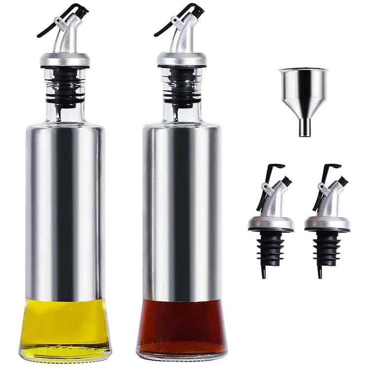 Atacado 10oz Cooking Oil Galheta Garrafas De Vidro 300ml Azeite Vinagre Glass Dispenser Garrafa com Aço Inoxidável Shell